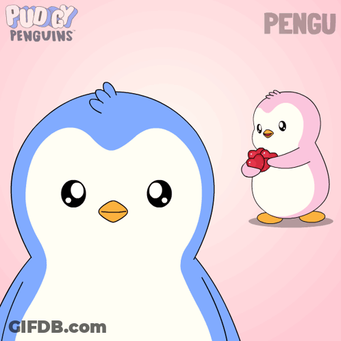 A Cartoon Of A Penguin Holding A Heart With The Word Pengu On The Bottom Right GIF