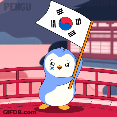 A Cartoon Of A Penguin Holding A Korean Flag With The Word Pengu On The Bottom Right GIF