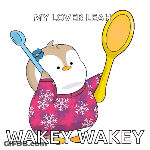 A Cartoon Of A Penguin Holding A Mirror And Saying My Lover Leah Wakeywakey GIF