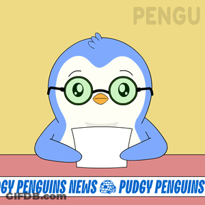 A Cartoon Of A Penguin Holding A Piece Of Paper With The Words " Pudgy Penguins News " Below It GIF