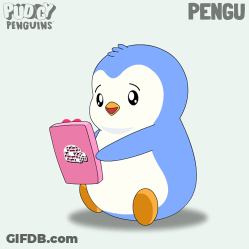 A Cartoon Of A Penguin Holding A Pink Box With The Name Pengu On It GIF