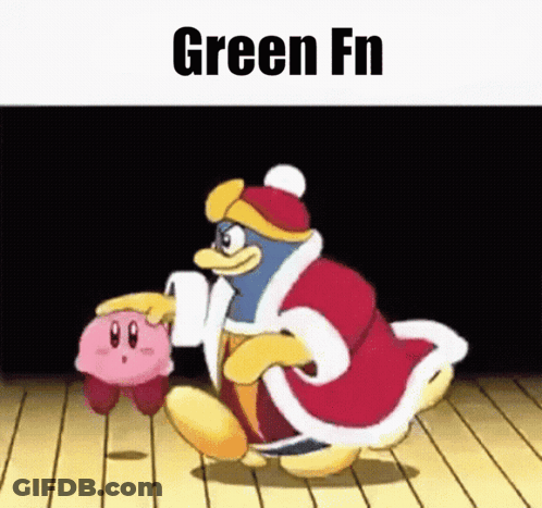 A Cartoon Of A Penguin Holding A Pink Kirby With The Words Green Fn Above Him GIF