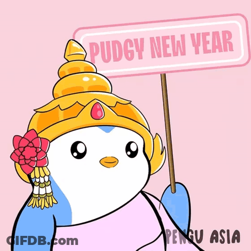 A Cartoon Of A Penguin Holding A Sign That Says " Pudgy New Year " GIF