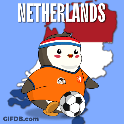 A Cartoon Of A Penguin Holding A Soccer Ball In Front Of A Netherlands Map GIF
