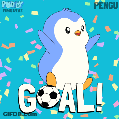 A Cartoon Of A Penguin Holding A Soccer Ball With The Words Goal Behind It GIF