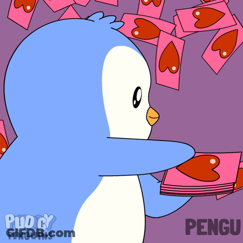 A Cartoon Of A Penguin Holding A Stack Of Cards With Hearts On Them GIF
