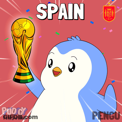 A Cartoon Of A Penguin Holding A Trophy With The Word Spain Behind It GIF