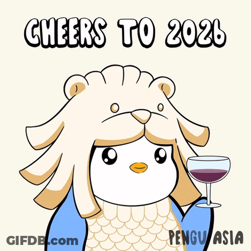 A Cartoon Of A Penguin Holding A Wine Glass With The Words Cheers To 2026 GIF