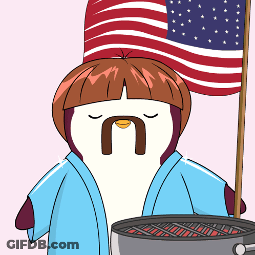 A Cartoon Of A Penguin Holding An American Flag And A Grill GIF