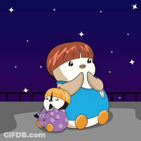 A Cartoon Of A Penguin Holding Another Penguin With A Starry Sky In The Background GIF