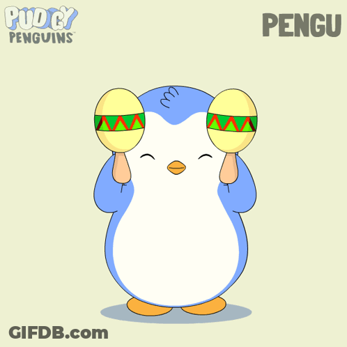 A Cartoon Of A Penguin Holding Maracas With The Name Pengu Written Below It GIF
