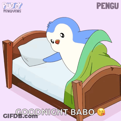 A Cartoon Of A Penguin In A Bed With The Words Goodnight Babo On The Bottom GIF