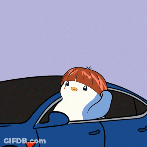 A Cartoon Of A Penguin In A Blue Car With Red Hair GIF