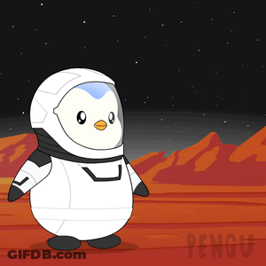A Cartoon Of A Penguin In A Space Suit With The Word Pengu On The Bottom GIF