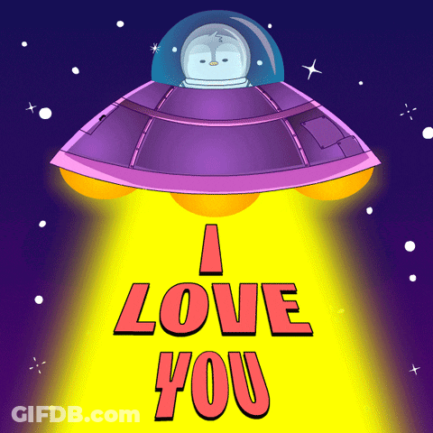 A Cartoon Of A Penguin In A Spaceship With The Words " I Love You " Above It GIF