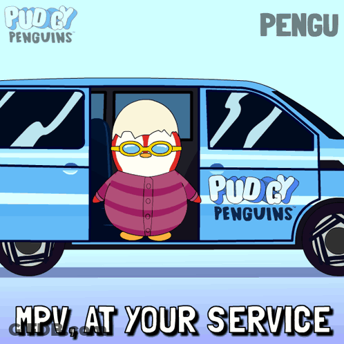 A Cartoon Of A Penguin In A Van With The Words Mpv At Your Service On The Bottom GIF