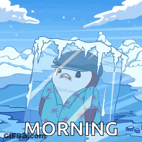 A Cartoon Of A Penguin In An Ice Cube With The Words Morning Below GIF
