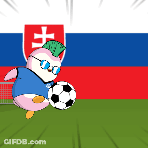A Cartoon Of A Penguin Kicking A Soccer Ball In Front Of A Slovakian Flag GIF