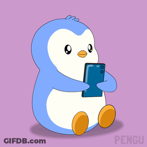 A Cartoon Of A Penguin Laughing While Holding A Phone GIF