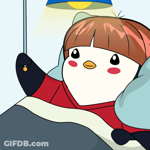 A Cartoon Of A Penguin Laying In Bed With A Light On GIF