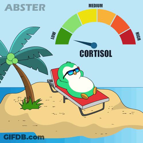A Cartoon Of A Penguin Laying On A Beach With The Word Cortisol Underneath It GIF