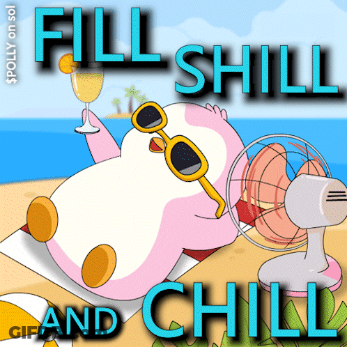 A Cartoon Of A Penguin Laying On A Beach With The Words Fill Shill And Chill GIF