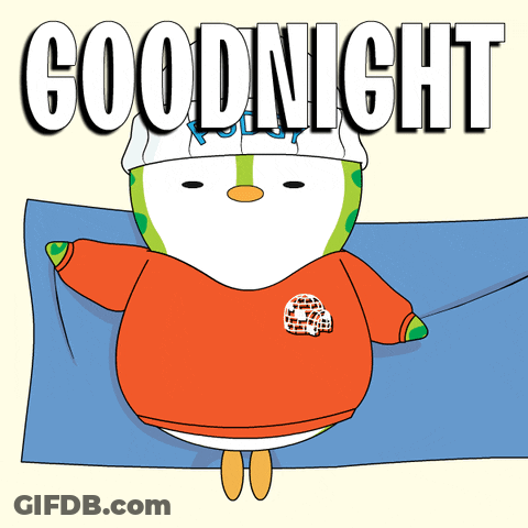 A Cartoon Of A Penguin Laying On A Bed With The Words Goodnight Written Above Him GIF