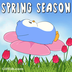 A Cartoon Of A Penguin Laying On A Flower With The Words Spring Season GIF