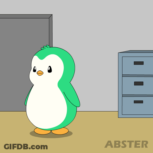 A Cartoon Of A Penguin Laying On The Floor With Abster Written On The Bottom Right GIF