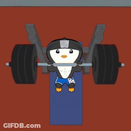 A Cartoon Of A Penguin Lifting A Barbell With The Letter R On The Shorts GIF
