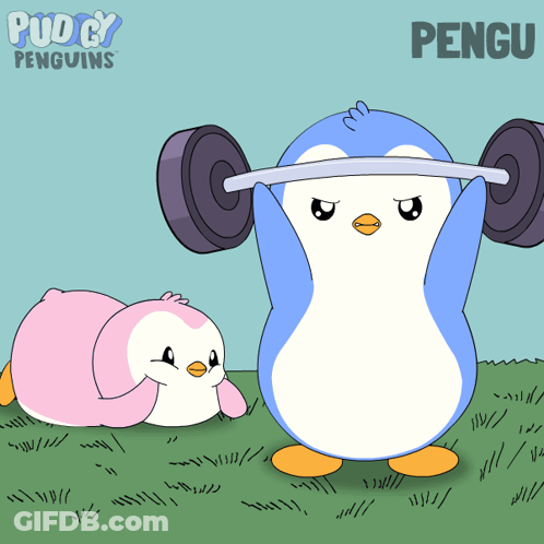 A Cartoon Of A Penguin Lifting A Dumbbell With The Name Pengu Behind It GIF