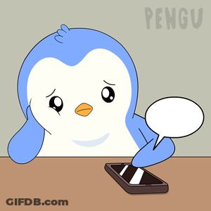 A Cartoon Of A Penguin Looking At A Cell Phone With A Speech Bubble Saying Pengu GIF