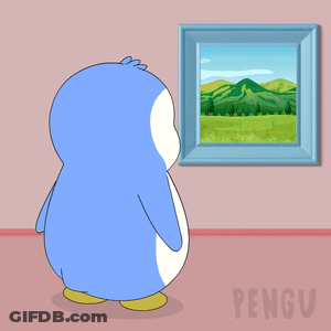 A Cartoon Of A Penguin Looking At A Picture On A Pink Wall GIF