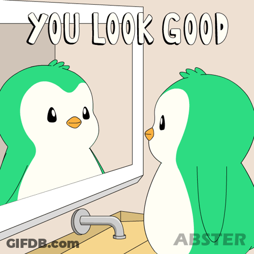 A Cartoon Of A Penguin Looking At Itself In A Mirror With The Words " You Look Good " Below It GIF