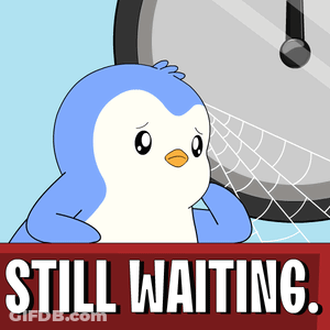 A Cartoon Of A Penguin Looking Out A Window With The Words Still Waiting Below It GIF