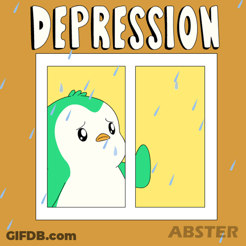 A Cartoon Of A Penguin Looking Out Of A Window With The Word Depression Written Above It GIF