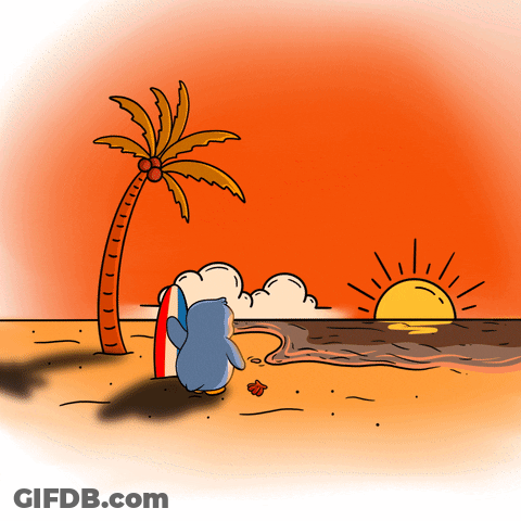 A Cartoon Of A Penguin On A Beach With A Surfboard GIF