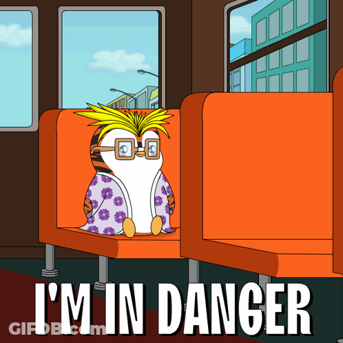 A Cartoon Of A Penguin On A Bus With The Words " I 'M In Danger " Below It GIF