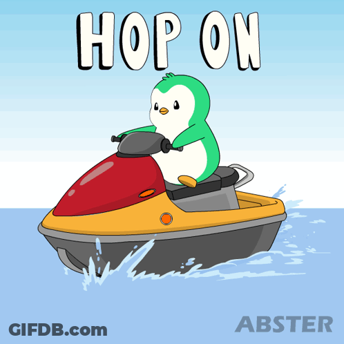 A Cartoon Of A Penguin On A Jet Ski Says Hop On GIF