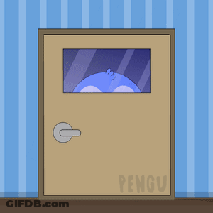 A Cartoon Of A Penguin Peeking Out Of A Door That Says Pengu GIF
