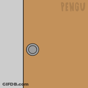 A Cartoon Of A Penguin Peeking Out Of A Wooden Door GIF