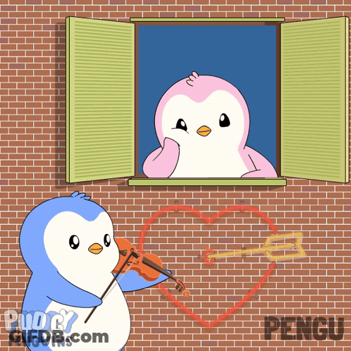 A Cartoon Of A Penguin Playing A Violin And A Penguin Drawing A Heart With An Arrow GIF