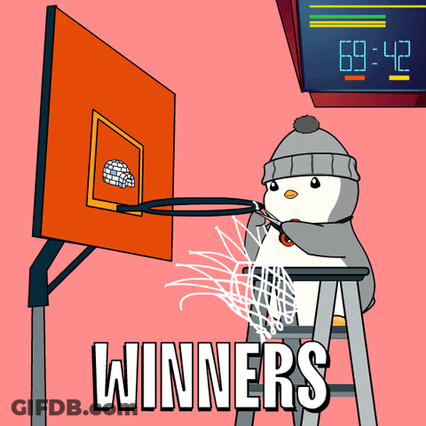 A Cartoon Of A Penguin Playing Basketball With The Words " Winners " On The Bottom GIF