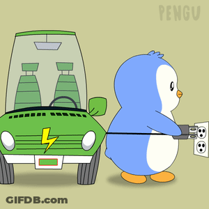A Cartoon Of A Penguin Pulling A Green Car GIF
