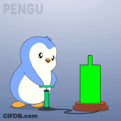 A Cartoon Of A Penguin Pumping A Green Object With The Word Pengu In The Background GIF