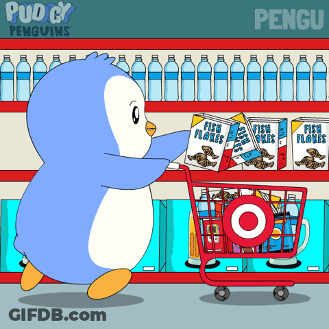 A Cartoon Of A Penguin Pushing A Shopping Cart Full Of Fish Flakes GIF