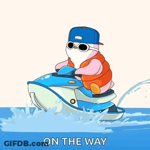 A Cartoon Of A Penguin Riding A Jet Ski In The Water . GIF