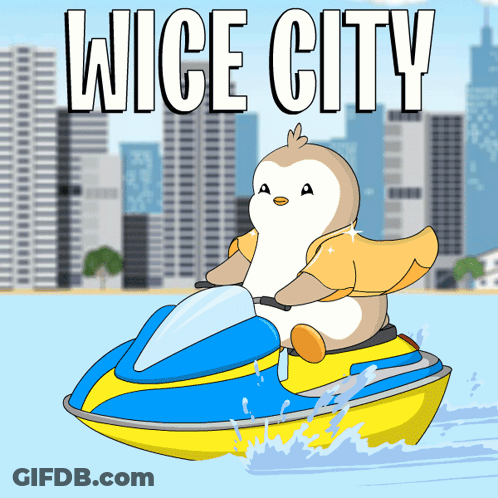 A Cartoon Of A Penguin Riding A Jet Ski With The Words Wise City Above It GIF