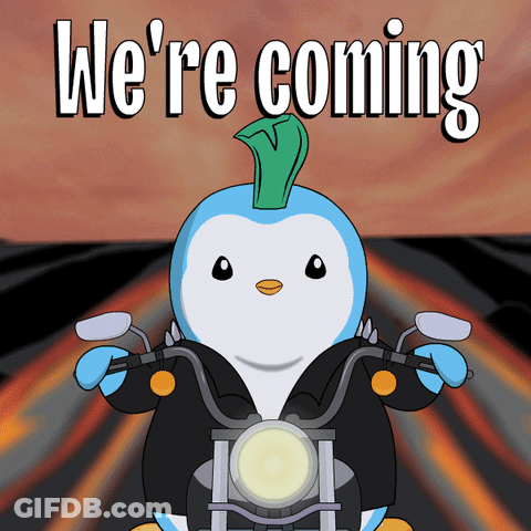 A Cartoon Of A Penguin Riding A Motorcycle With The Words " We 'Re Coming " Above Him GIF