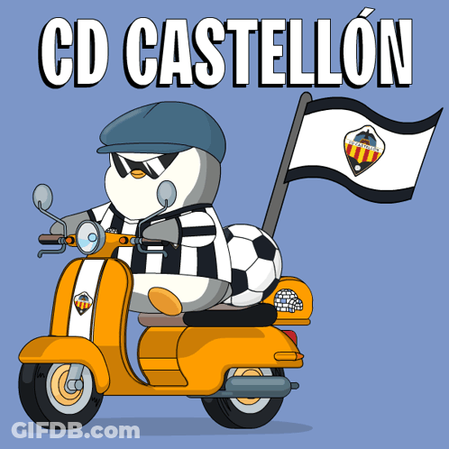 A Cartoon Of A Penguin Riding A Scooter With The Name Cd Castellon GIF